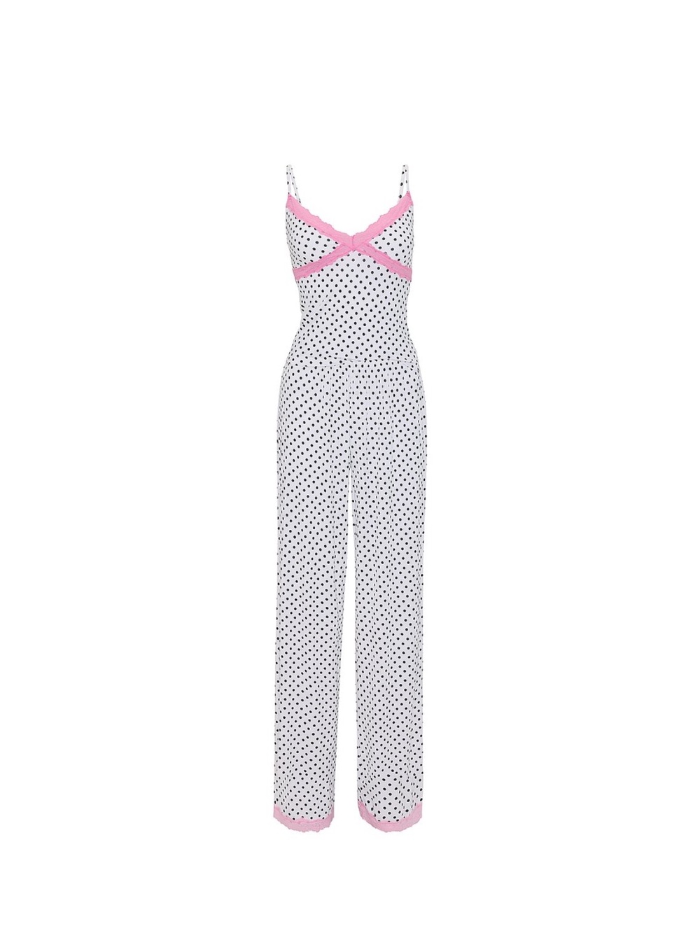 PINK Victoria's Secret White Polka Dot Cami Jumpsuit with Pink Trim